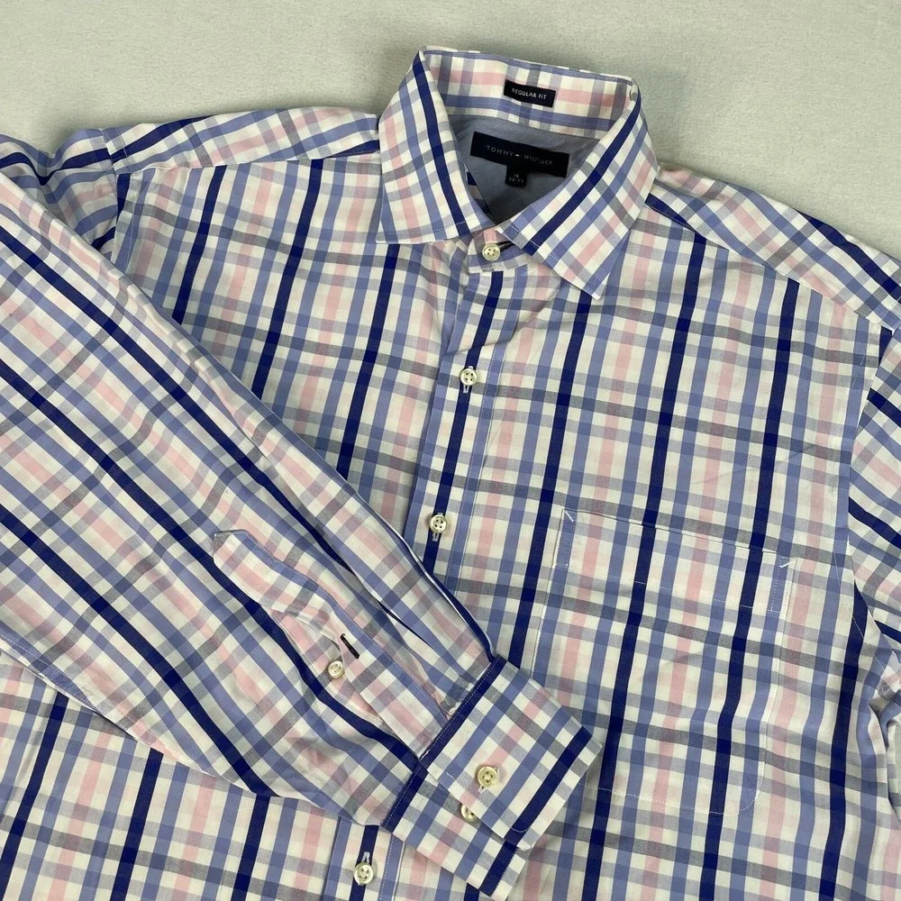 Tommy‎ Hilfiger Men's Dress Shirt Blue Plaid Sz 16 32/33 Regular Fit Long Sleeve